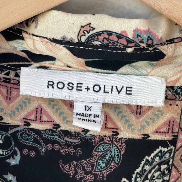 Rose + Olive Womens Plus 1X Boho Patterned Blouse 3/4 Sleeve Button Up Shirt Top - Picture 4 of 11